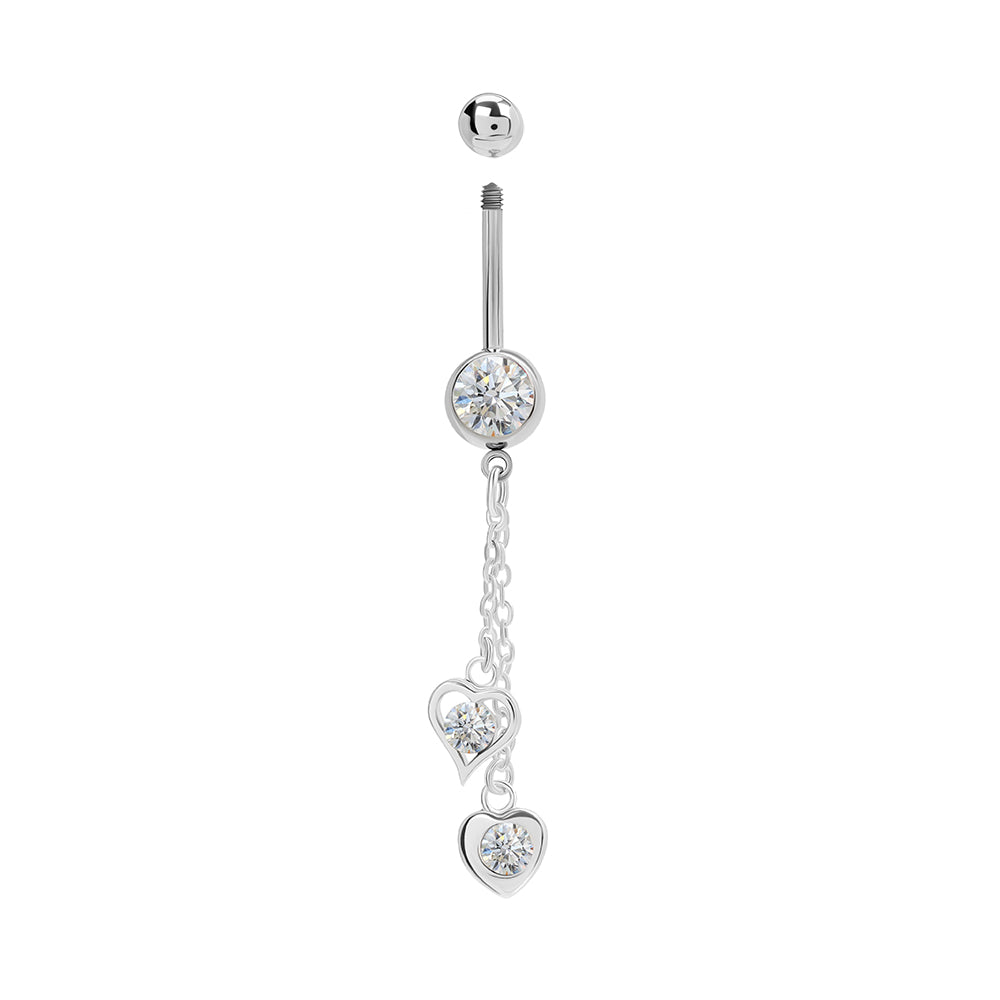 14g 7/16” Stainless Steel Double Heart Dangle Belly Button Ring — Price Per 1