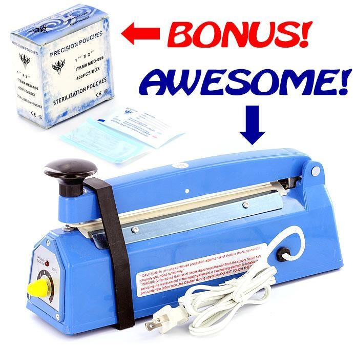 Compact 8" Impulse Heat Sealer — w/ 400 Free Sterilization Pouches — 110v or 220v